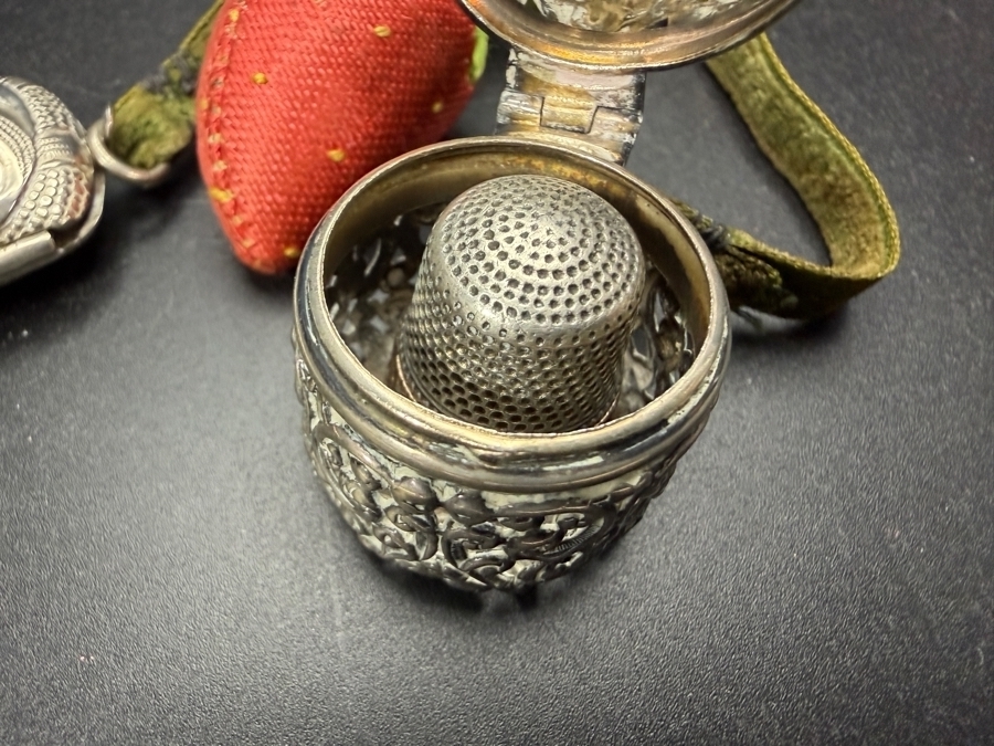 Vintage Chatelaine Sewing Set Comprising Needle Case, Fabric Strawberry Emery And Sterling Silver Pierced Thimble Holder Cage With Thimble [Photo 4]