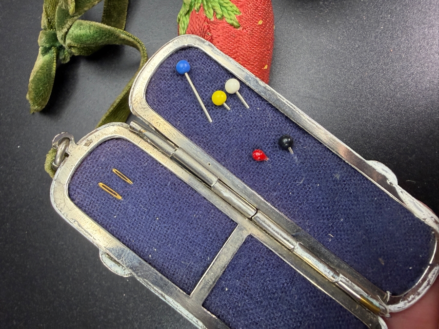 Vintage Chatelaine Sewing Set Comprising Needle Case, Fabric Strawberry Emery And Sterling Silver Pierced Thimble Holder Cage With Thimble [Photo 6]