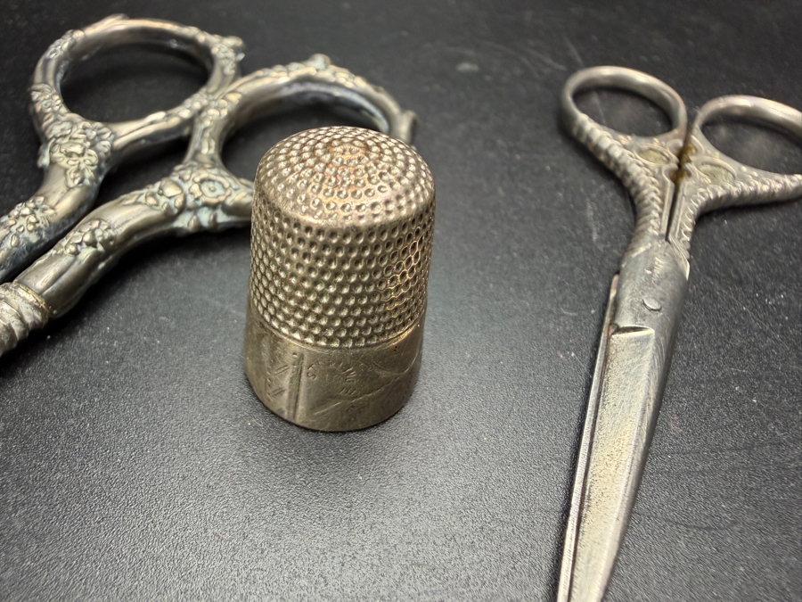 Vintage Ornate Sewing Set With Two Pairs Of Repousse Scissors And A Sterling Silver Thimble [Photo 3]