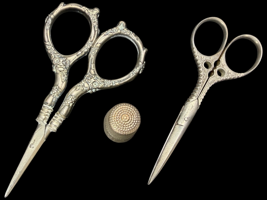 Vintage Ornate Sewing Set With Two Pairs Of Repousse Scissors And A Sterling Silver Thimble
