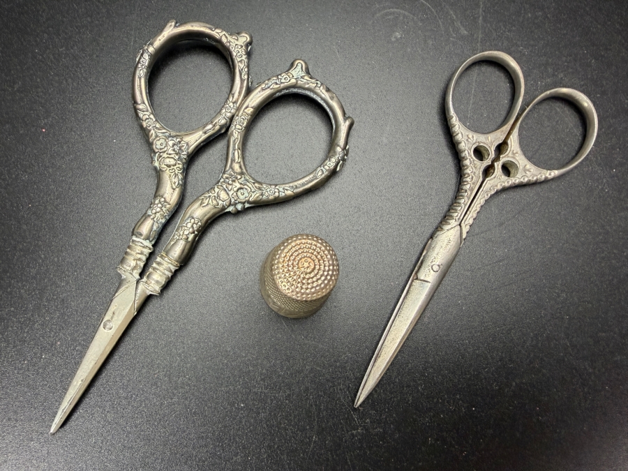 Vintage Ornate Sewing Set With Two Pairs Of Repousse Scissors And A Sterling Silver Thimble [Photo 2]