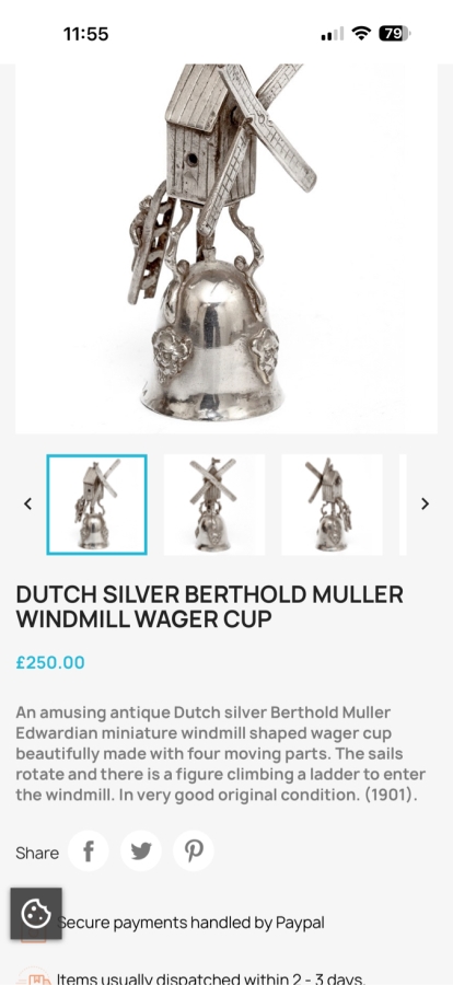 Vintage Dutch Sterling Silver Novelty Windmill Wager Cup Bell 3'H 36.1g [Photo 12]