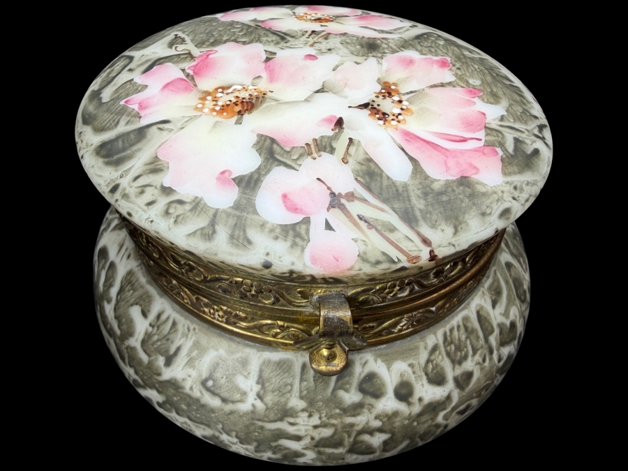 Vintage C F Monroe Kelva Hand Painted Opaque Blown Molded Glass Dresser Box With Wild Roses 4.5'W X 2.5'H
