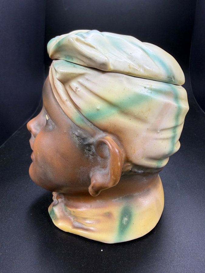 Vintage Hand Painted Bisque Figural Head Lidded Tobacco Jar Humidor 5'H [Photo 6]