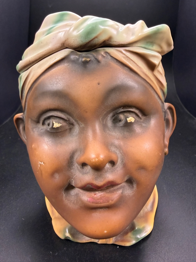 Vintage Hand Painted Bisque Figural Head Lidded Tobacco Jar Humidor 5'H [Photo 2]