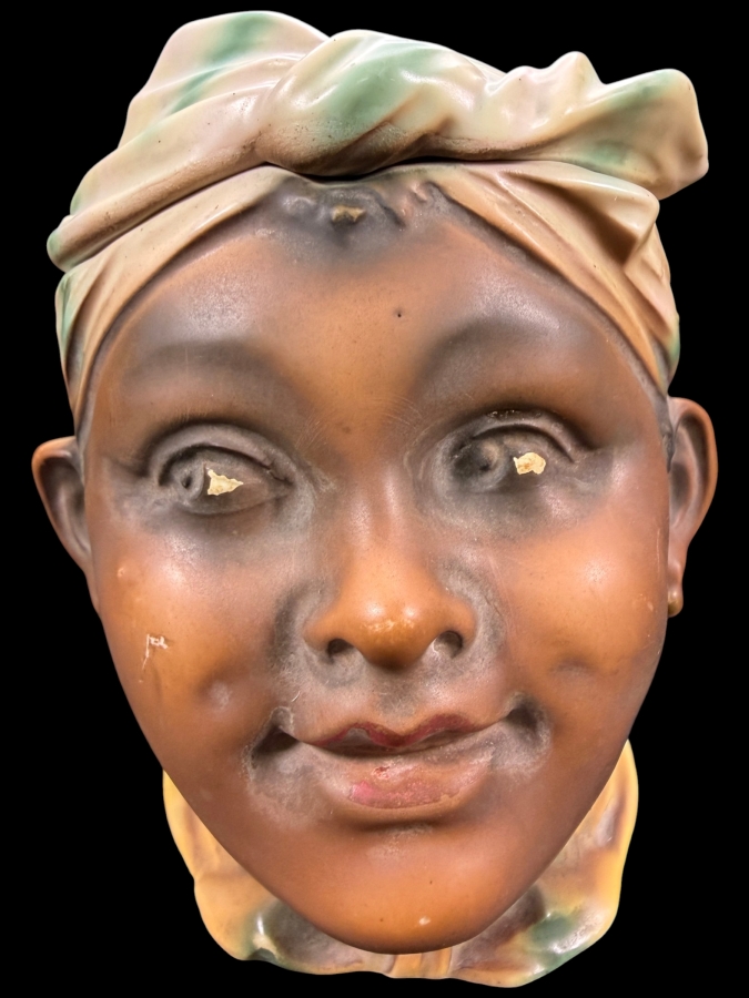 Vintage Hand Painted Bisque Figural Head Lidded Tobacco Jar Humidor 5'H