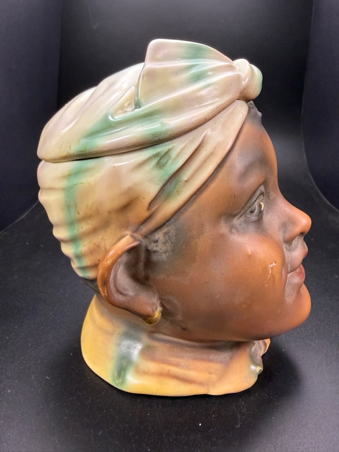 Vintage Hand Painted Bisque Figural Head Lidded Tobacco Jar Humidor 5'H [Photo 4]