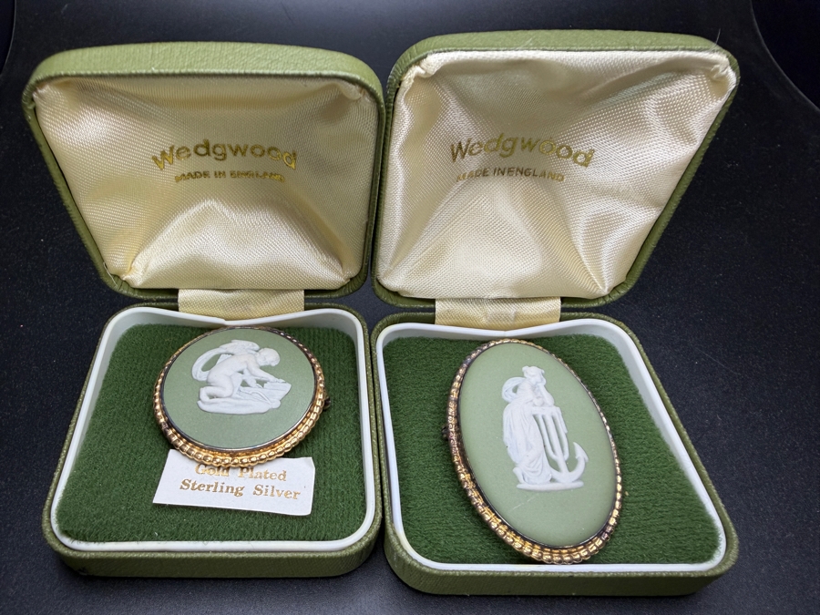 Two Vintage Wedgwood Sage Green Jasperware Cameo Brooches In Original Boxes [Photo 2]