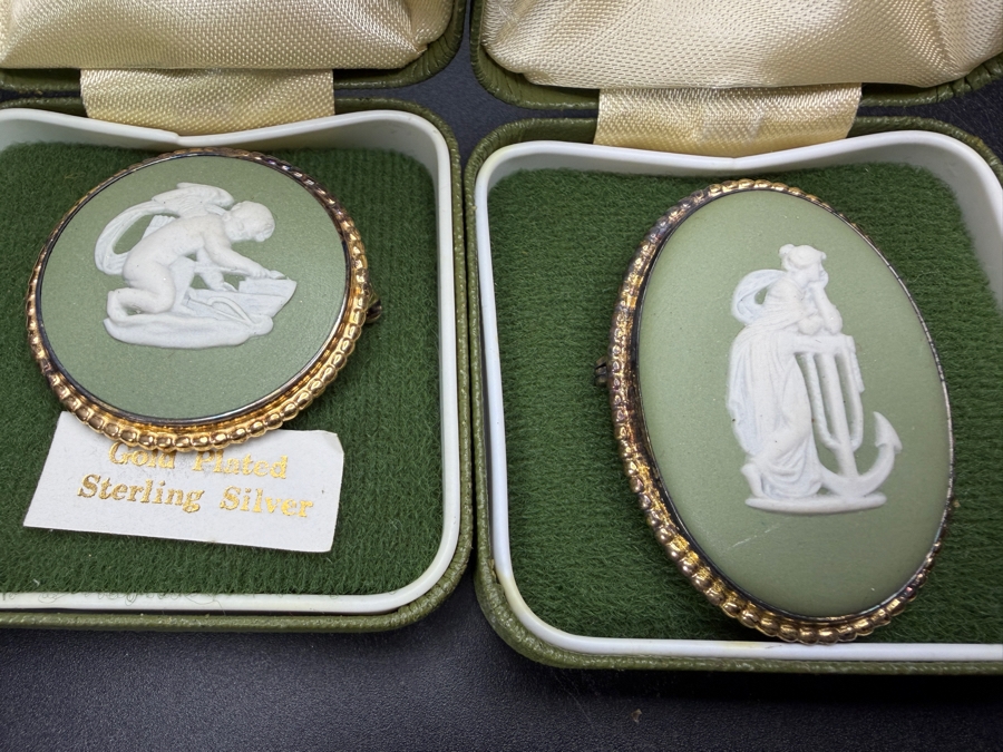 Two Vintage Wedgwood Sage Green Jasperware Cameo Brooches In Original Boxes [Photo 3]