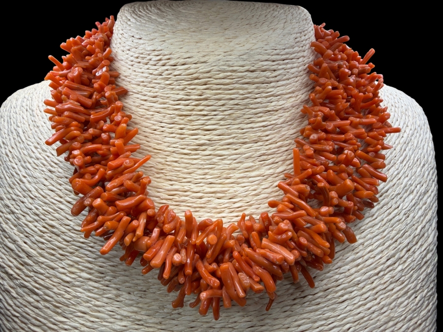 Natural Red Coral Multi Strand Branch Statement Necklace 16'L
