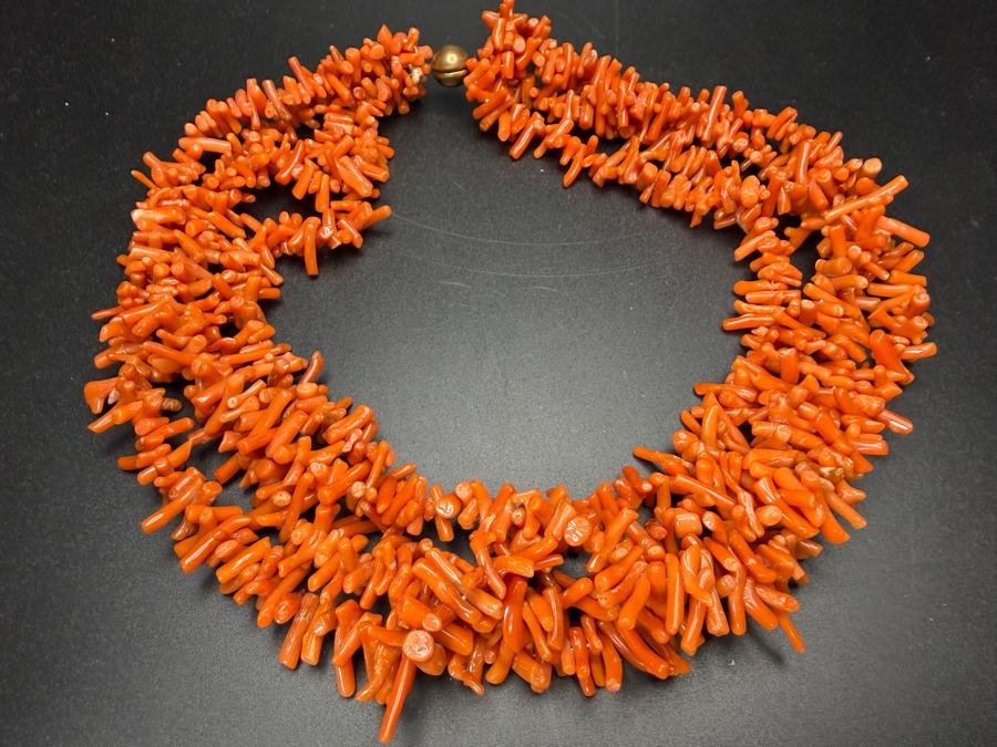 Natural Red Coral Multi Strand Branch Statement Necklace 16'L [Photo 4]