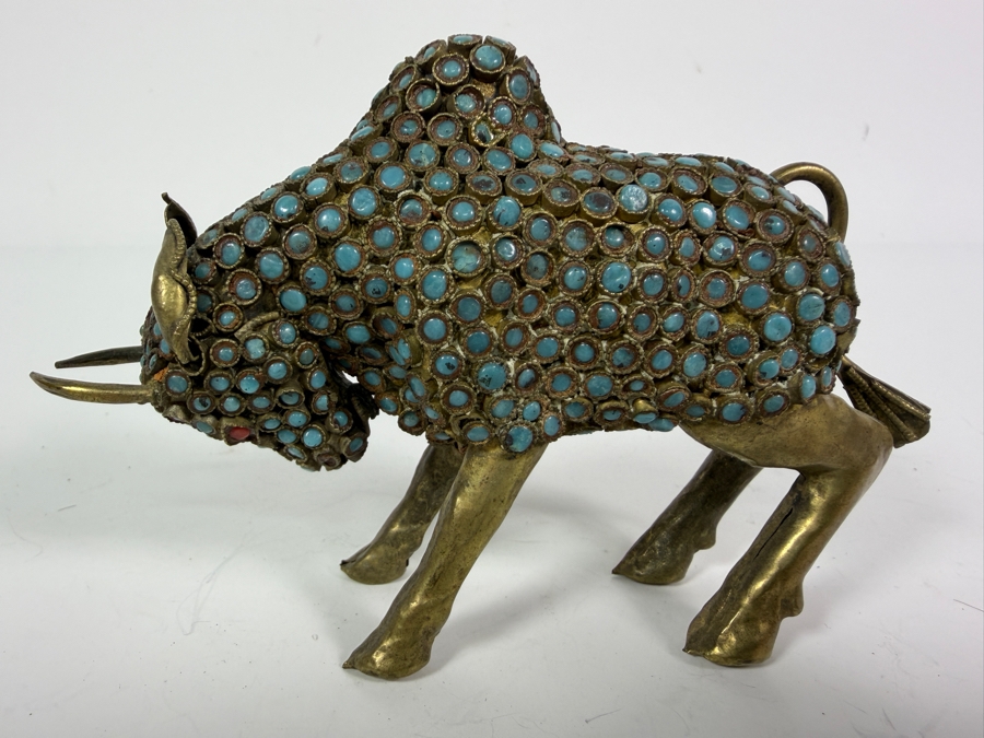 Vintage Handcrafted Tibetan Nepalese Filigree Brass Charging Bull Figurine With Inlaid Turquoise Cabochons And Coral Eyes 5'W X 3'H [Photo 3]