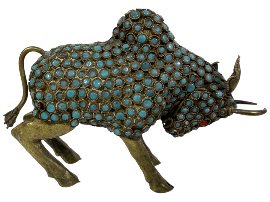 Vintage Handcrafted Tibetan Nepalese Filigree Brass Charging Bull Figurine With Inlaid Turquoise Cabochons And Coral Eyes 5'W X 3'H