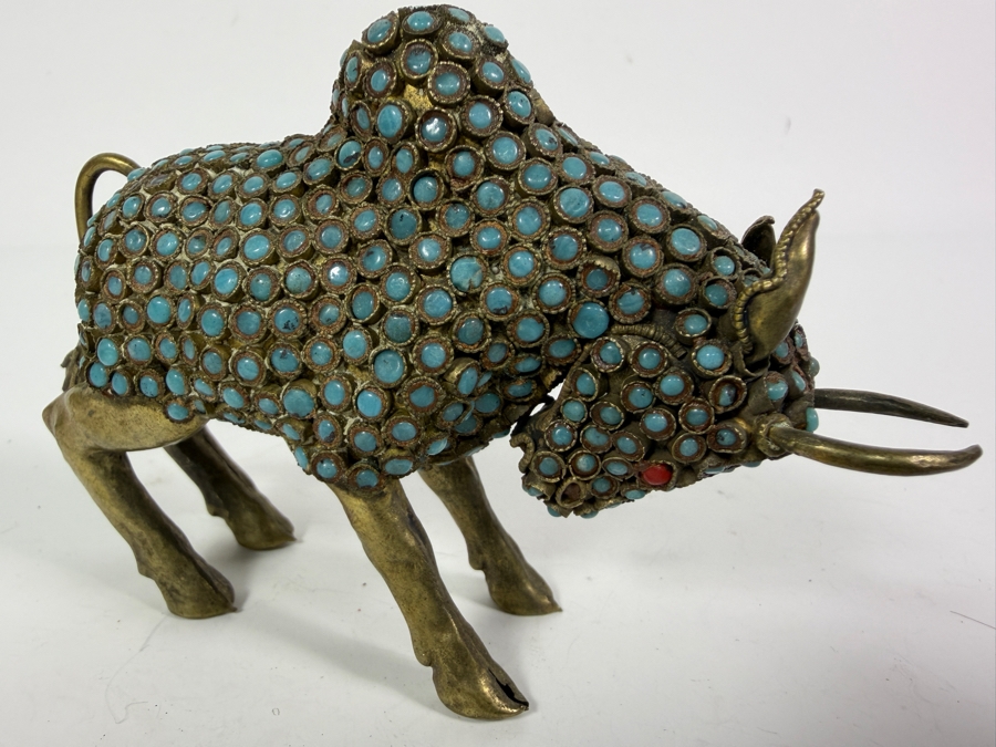 Vintage Handcrafted Tibetan Nepalese Filigree Brass Charging Bull Figurine With Inlaid Turquoise Cabochons And Coral Eyes 5'W X 3'H [Photo 2]