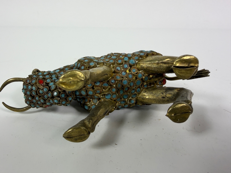 Vintage Handcrafted Tibetan Nepalese Filigree Brass Charging Bull Figurine With Inlaid Turquoise Cabochons And Coral Eyes 5'W X 3'H [Photo 4]