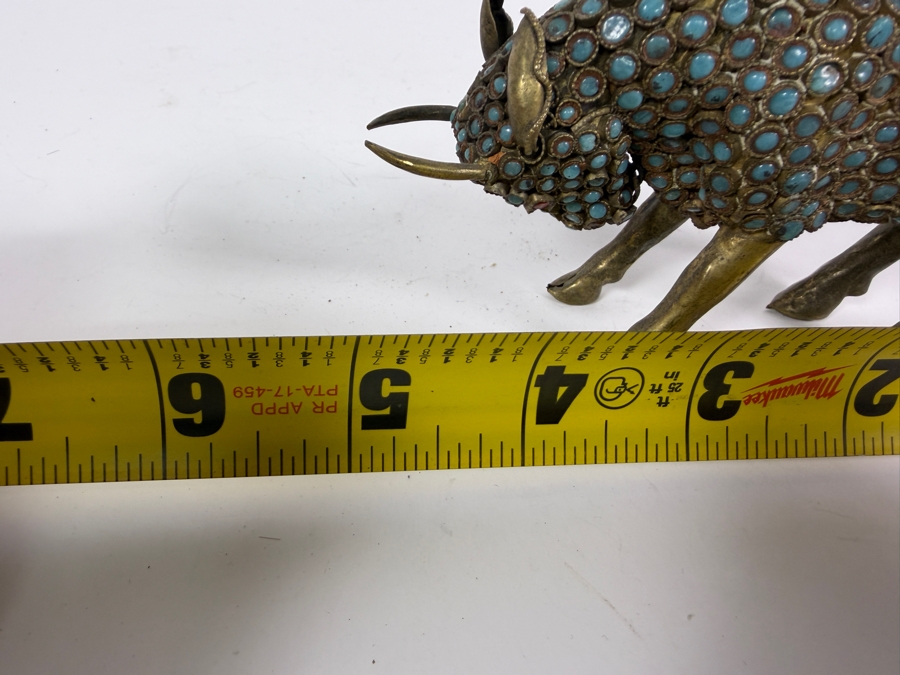 Vintage Handcrafted Tibetan Nepalese Filigree Brass Charging Bull Figurine With Inlaid Turquoise Cabochons And Coral Eyes 5'W X 3'H [Photo 5]