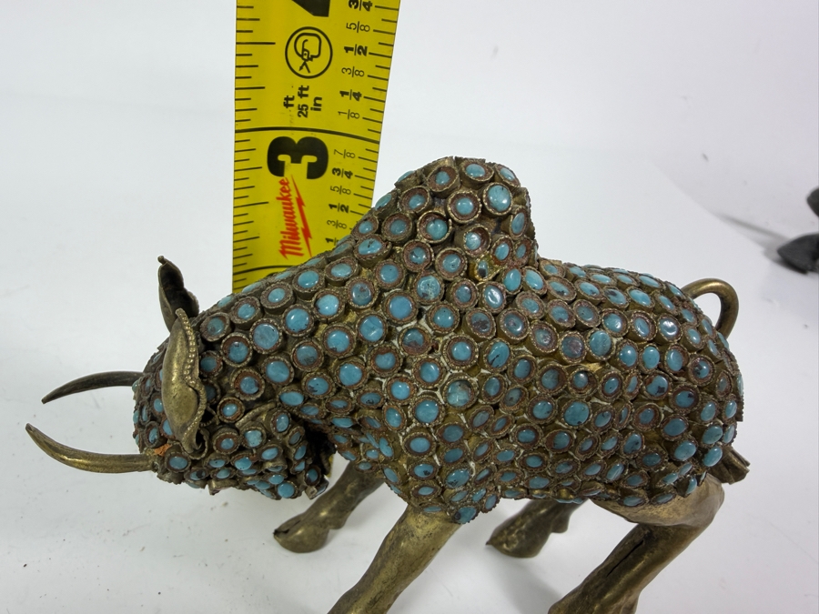 Vintage Handcrafted Tibetan Nepalese Filigree Brass Charging Bull Figurine With Inlaid Turquoise Cabochons And Coral Eyes 5'W X 3'H [Photo 6]