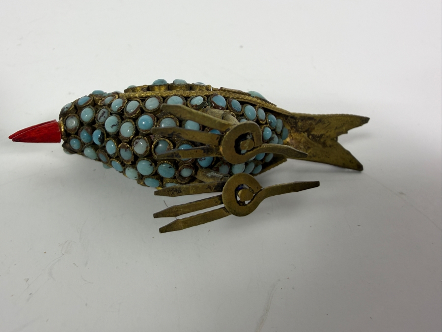 Pair Of Vintage Handcrafted Tibetan Nepalese Filigree Brass Bird Figurines With Inlaid Turquoise Cabochons And Coral Accents 3.5'W [Photo 9]