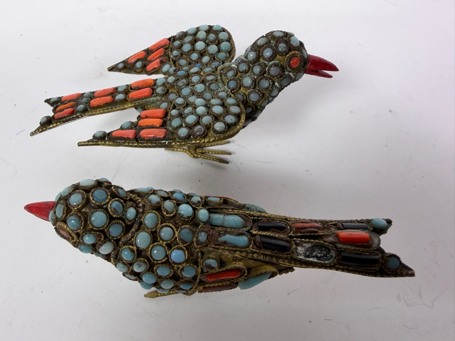 Pair Of Vintage Handcrafted Tibetan Nepalese Filigree Brass Bird Figurines With Inlaid Turquoise Cabochons And Coral Accents 3.5'W [Photo 4]