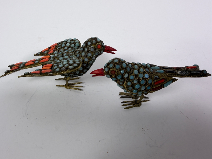 Pair Of Vintage Handcrafted Tibetan Nepalese Filigree Brass Bird Figurines With Inlaid Turquoise Cabochons And Coral Accents 3.5'W [Photo 3]
