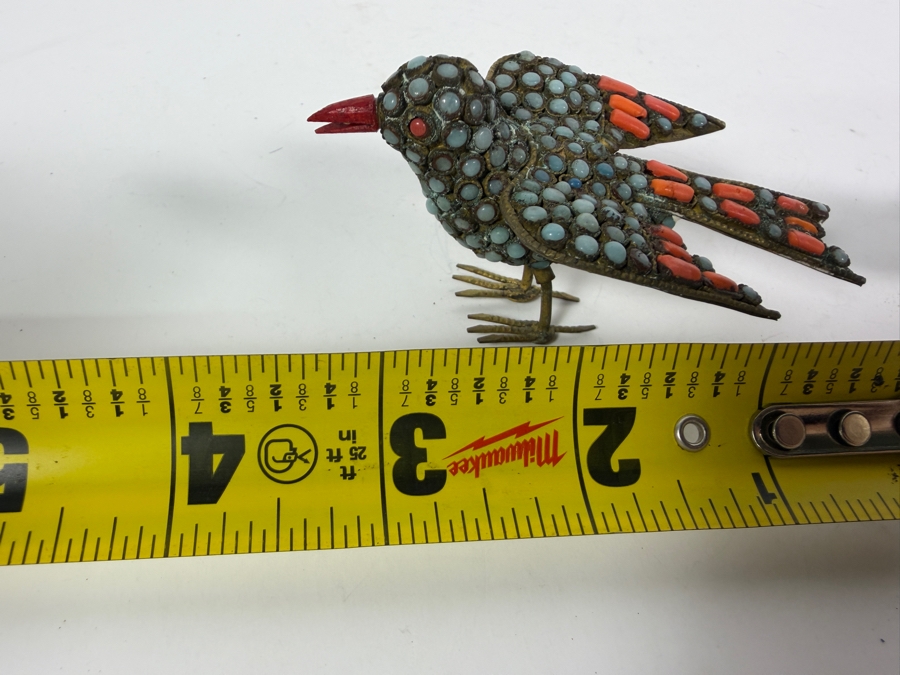 Pair Of Vintage Handcrafted Tibetan Nepalese Filigree Brass Bird Figurines With Inlaid Turquoise Cabochons And Coral Accents 3.5'W [Photo 10]
