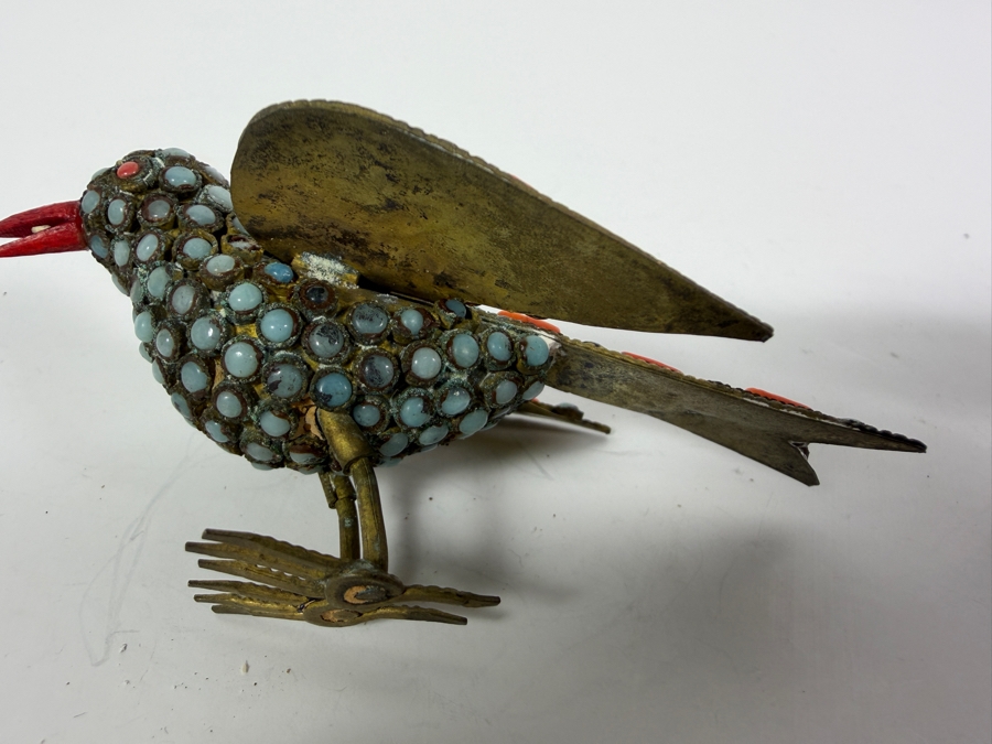 Pair Of Vintage Handcrafted Tibetan Nepalese Filigree Brass Bird Figurines With Inlaid Turquoise Cabochons And Coral Accents 3.5'W [Photo 7]
