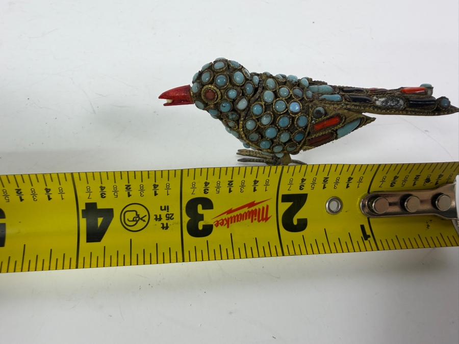 Pair Of Vintage Handcrafted Tibetan Nepalese Filigree Brass Bird Figurines With Inlaid Turquoise Cabochons And Coral Accents 3.5'W [Photo 11]
