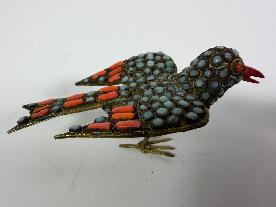 Pair Of Vintage Handcrafted Tibetan Nepalese Filigree Brass Bird Figurines With Inlaid Turquoise Cabochons And Coral Accents 3.5'W [Photo 5]