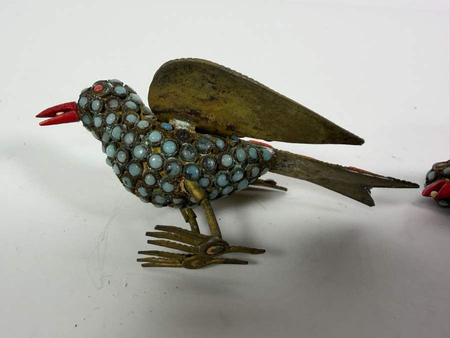 Pair Of Vintage Handcrafted Tibetan Nepalese Filigree Brass Bird Figurines With Inlaid Turquoise Cabochons And Coral Accents 3.5'W [Photo 8]