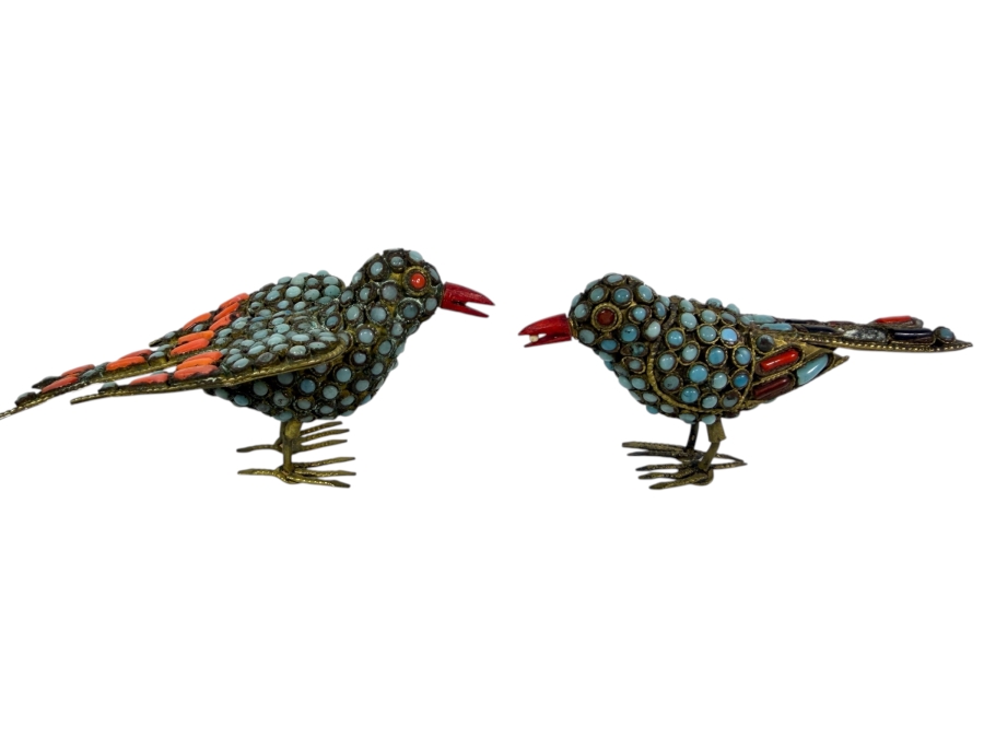 Pair Of Vintage Handcrafted Tibetan Nepalese Filigree Brass Bird Figurines With Inlaid Turquoise Cabochons And Coral Accents 3.5'W