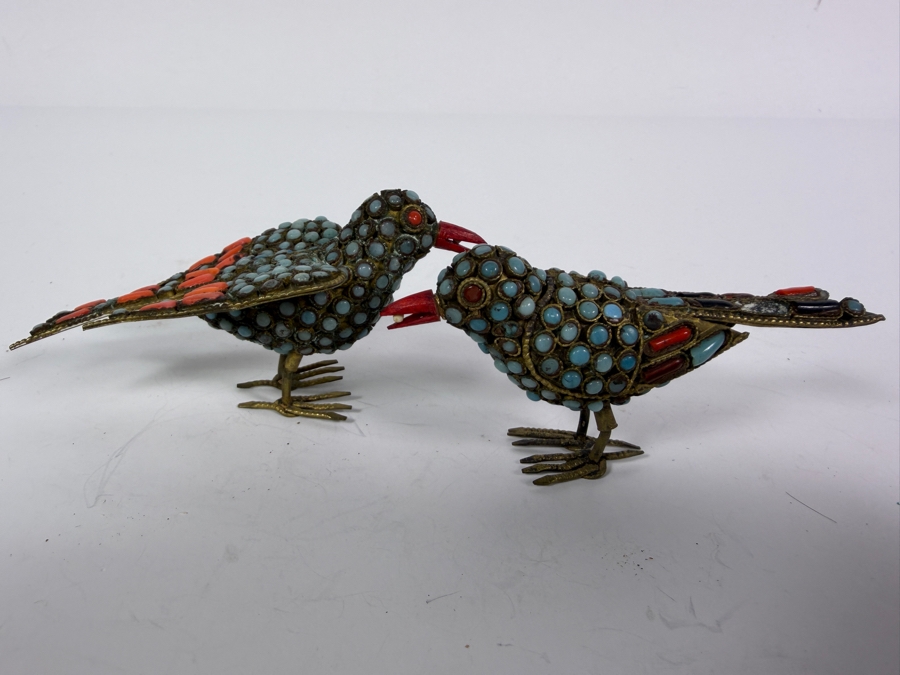 Pair Of Vintage Handcrafted Tibetan Nepalese Filigree Brass Bird Figurines With Inlaid Turquoise Cabochons And Coral Accents 3.5'W [Photo 2]