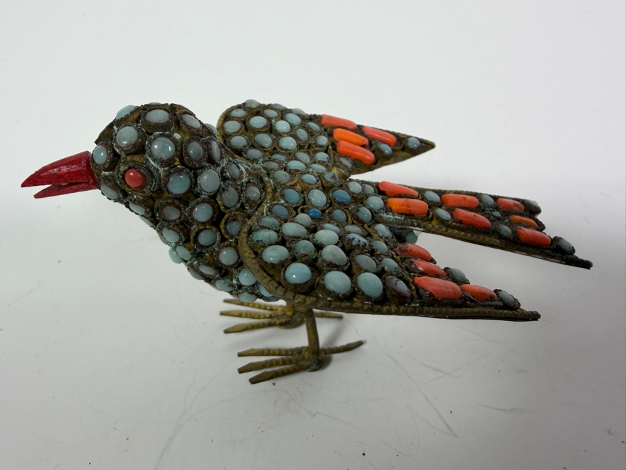Pair Of Vintage Handcrafted Tibetan Nepalese Filigree Brass Bird Figurines With Inlaid Turquoise Cabochons And Coral Accents 3.5'W [Photo 6]