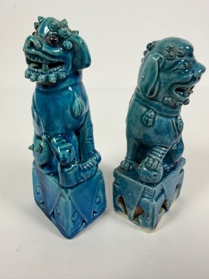 Pair Of Vintage Chinese Turquoise Glazed Ceramic Foo Dog Guardian Lion Statues 6'H [Photo 2]