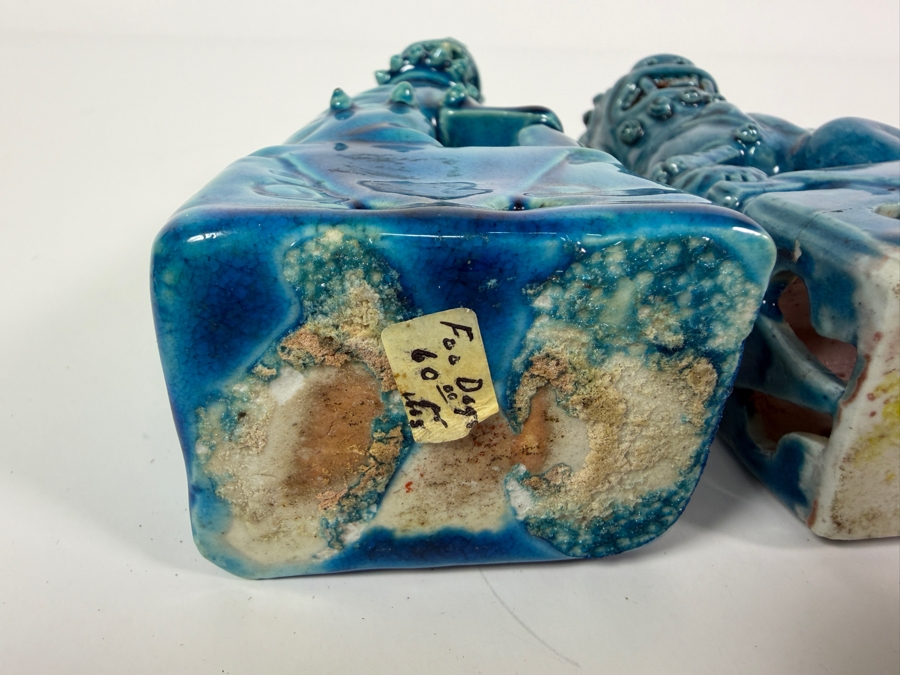 Pair Of Vintage Chinese Turquoise Glazed Ceramic Foo Dog Guardian Lion Statues 6'H [Photo 5]