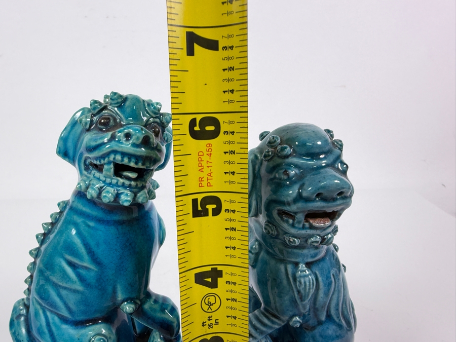 Pair Of Vintage Chinese Turquoise Glazed Ceramic Foo Dog Guardian Lion Statues 6'H [Photo 6]