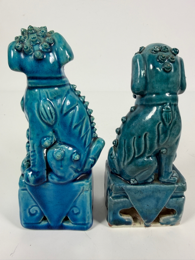 Pair Of Vintage Chinese Turquoise Glazed Ceramic Foo Dog Guardian Lion Statues 6'H [Photo 3]