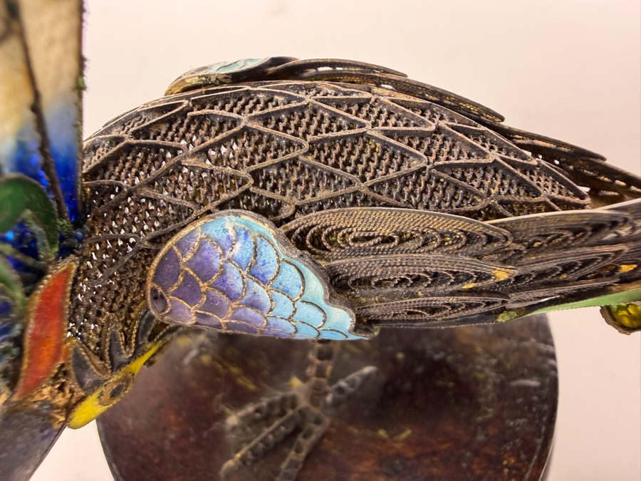 Vintage Chinese Export Sterling Silver Filigree Enamel Long Tail Bird Figurine On Wood Base 6'W X 2.5'H [Photo 7]