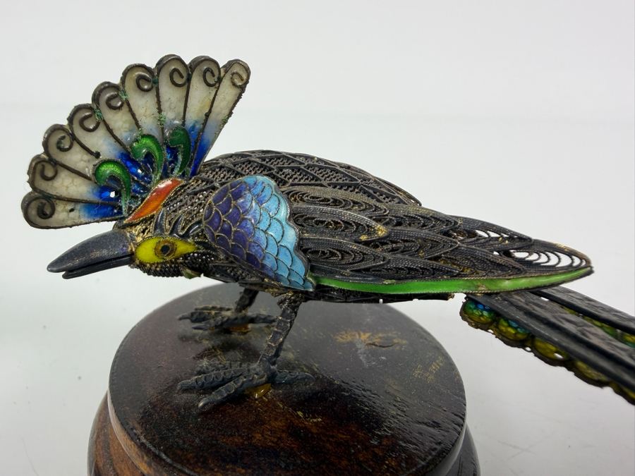 Vintage Chinese Export Sterling Silver Filigree Enamel Long Tail Bird Figurine On Wood Base 6'W X 2.5'H [Photo 3]