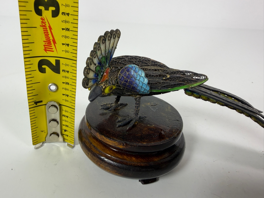Vintage Chinese Export Sterling Silver Filigree Enamel Long Tail Bird Figurine On Wood Base 6'W X 2.5'H [Photo 14]