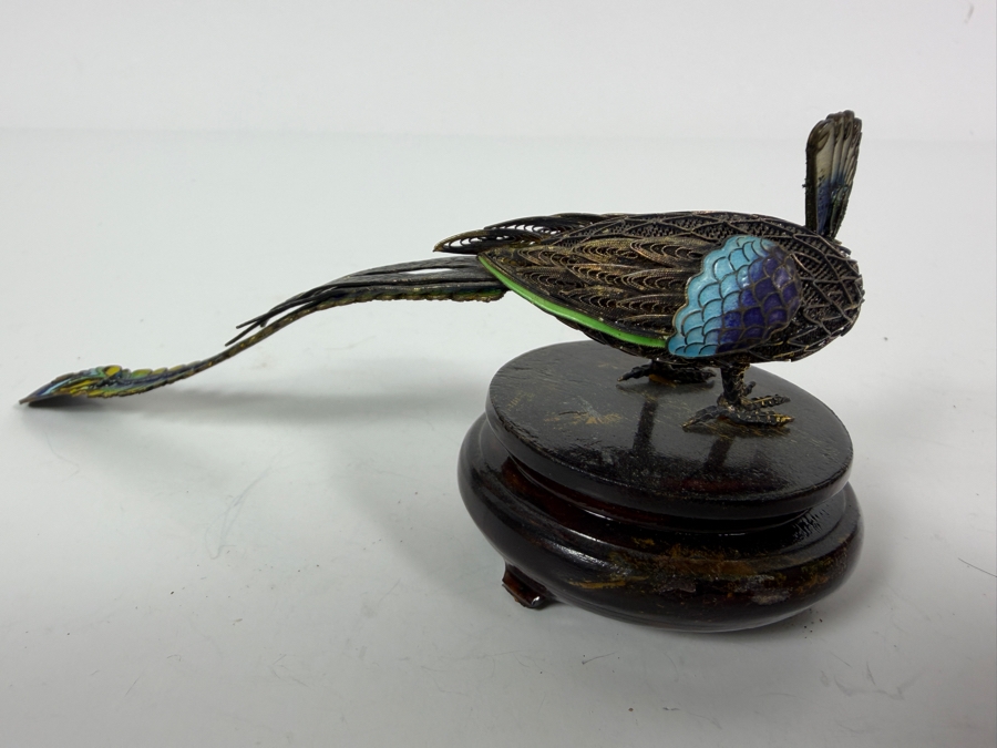 Vintage Chinese Export Sterling Silver Filigree Enamel Long Tail Bird Figurine On Wood Base 6'W X 2.5'H [Photo 5]