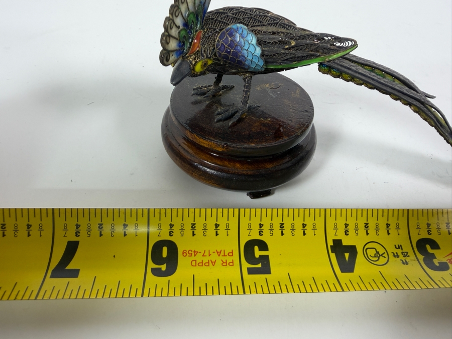 Vintage Chinese Export Sterling Silver Filigree Enamel Long Tail Bird Figurine On Wood Base 6'W X 2.5'H [Photo 13]