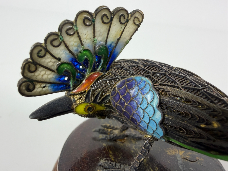 Vintage Chinese Export Sterling Silver Filigree Enamel Long Tail Bird Figurine On Wood Base 6'W X 2.5'H [Photo 9]
