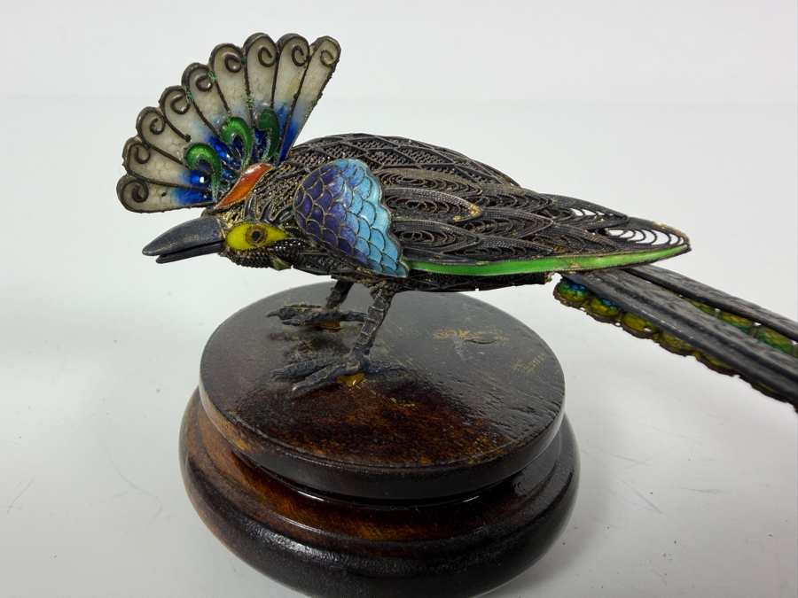 Vintage Chinese Export Sterling Silver Filigree Enamel Long Tail Bird Figurine On Wood Base 6'W X 2.5'H [Photo 2]