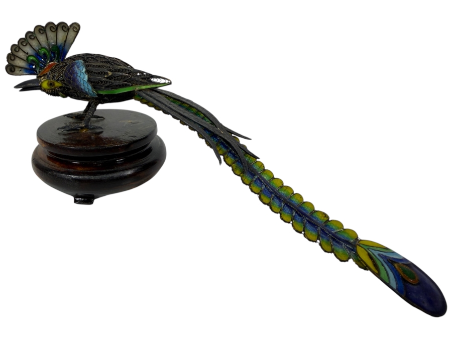 Vintage Chinese Export Sterling Silver Filigree Enamel Long Tail Bird Figurine On Wood Base 6'W X 2.5'H