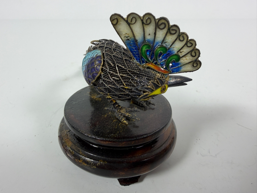 Vintage Chinese Export Sterling Silver Filigree Enamel Long Tail Bird Figurine On Wood Base 6'W X 2.5'H [Photo 6]