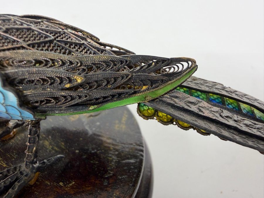 Vintage Chinese Export Sterling Silver Filigree Enamel Long Tail Bird Figurine On Wood Base 6'W X 2.5'H [Photo 8]