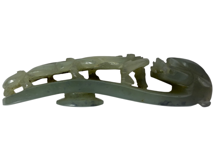 Vintage Chinese Carved Celadon Jade Openwork Dragon And Chilong Belt Hook 3'L 30.7g