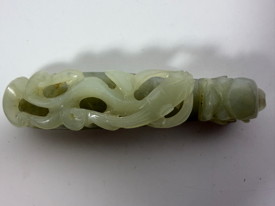 Vintage Chinese Carved Celadon Jade Openwork Dragon And Chilong Belt Hook 3'L 30.7g [Photo 2]