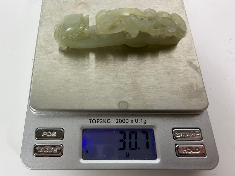 Vintage Chinese Carved Celadon Jade Openwork Dragon And Chilong Belt Hook 3'L 30.7g [Photo 5]