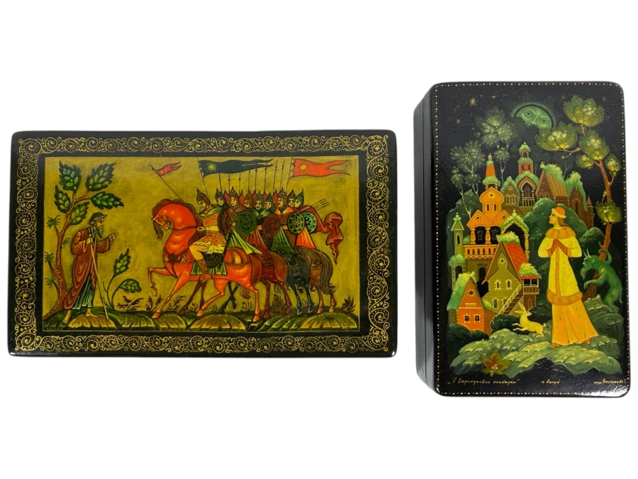 Two Vintage Russian Hand Painted Papier Mache Lacquer Trinket Boxes With Fairy Tale Scenes 5'W And 4'W